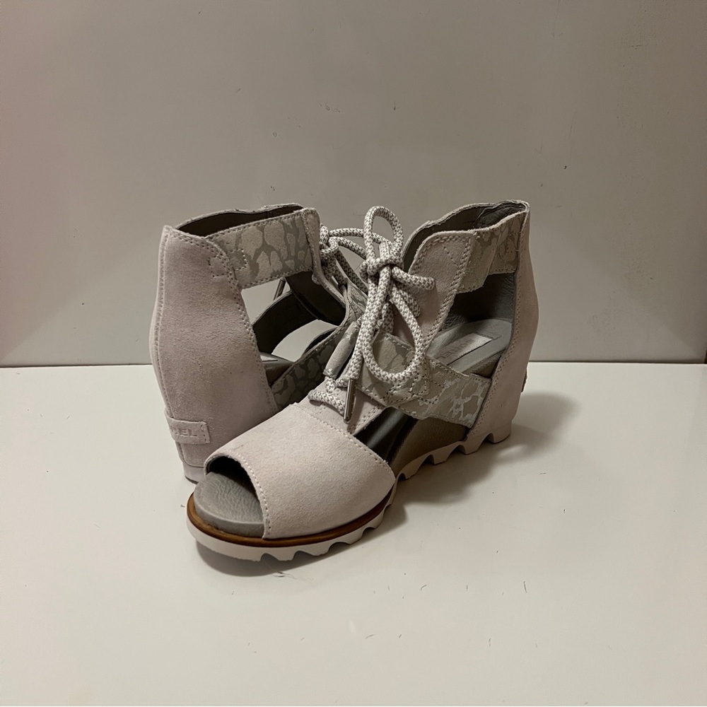 Sorel Joanie Lace Up Wedge Sandal Light Grey Suede Joan of Arctic